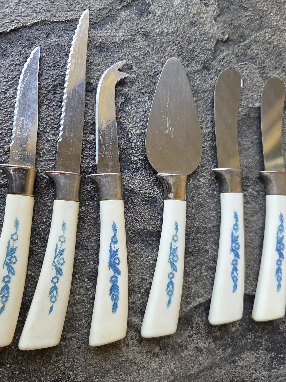 Blue Cornflower Floral Handle Cheese Service Knife Set of 7- Lifetime Cutlery